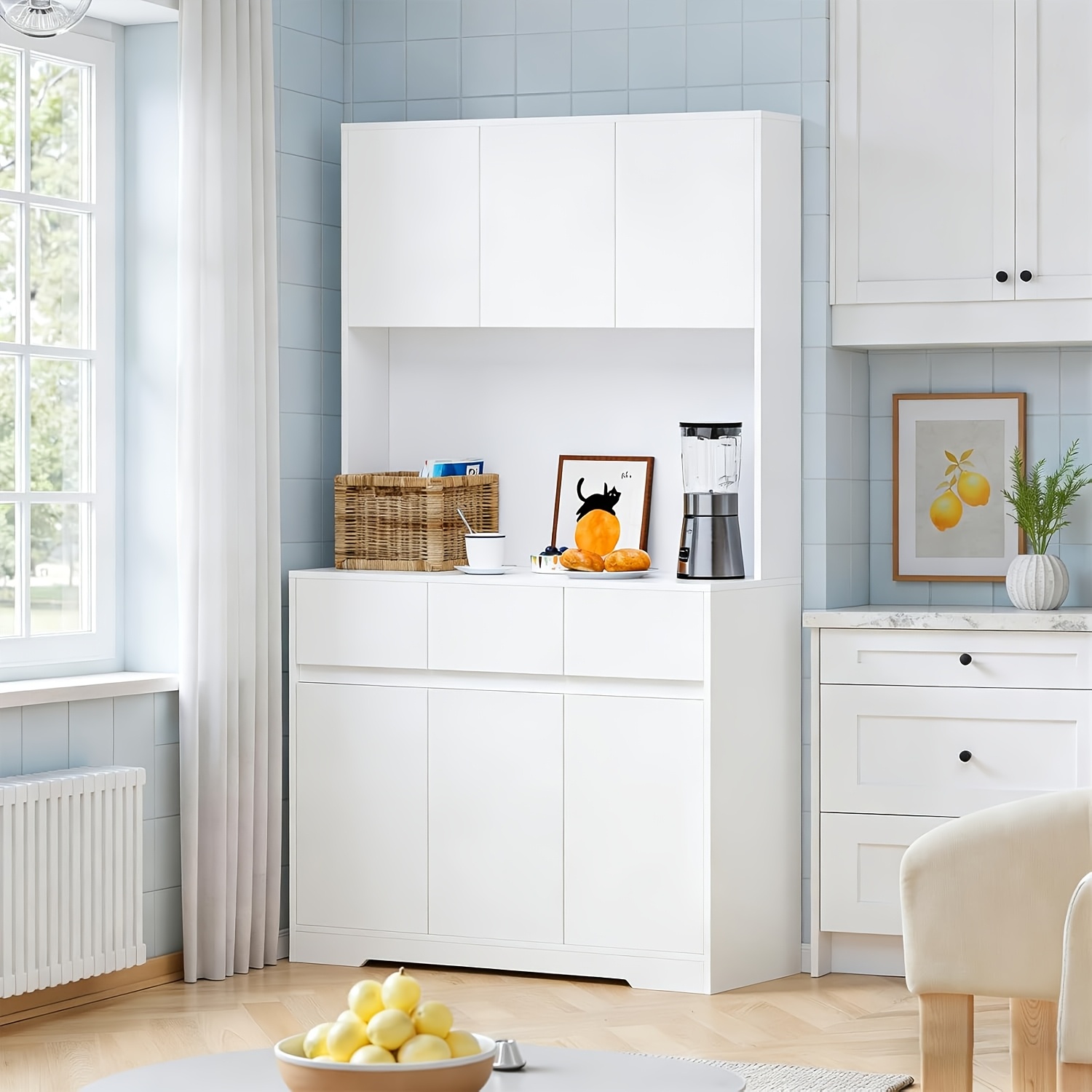Image of 170cm Tall Kitchen Cabinet, Modern Sideboard With Worktops, Drawers And Storage Cabinets, For Kitchen, Dining Room, Living Room, 170 X 38, 5 X 100 Cm, White