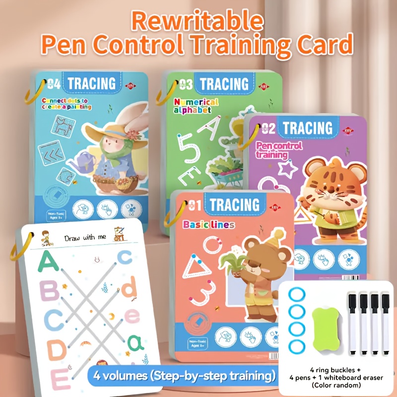 Reusable Magic Copybook Set with Refillable Ink, 128-Page Handwriting Practice Workbook for Kids, Pen Control and Letter Writing, Color-Code