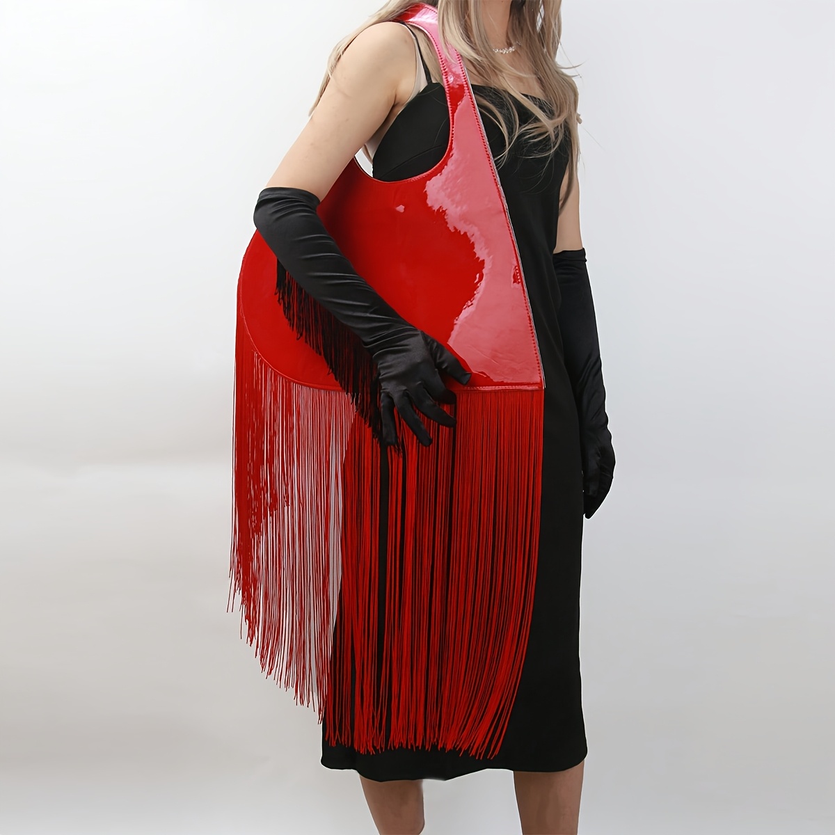 CAMSSOO Women'S Large Heart-Shaped Faux Leather Tote with Ultra-Long Fringe Detail - Stylish Shoulder Hand for Parties, Gatherings & Fashion Events, Fixed Strap Design, Party Hand | Unique | Glossy