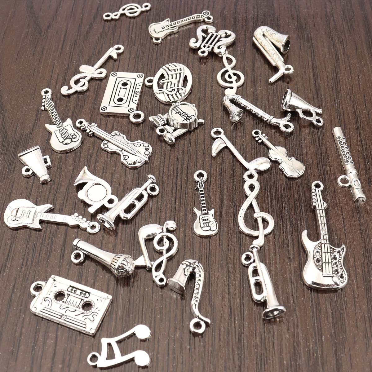 TEMU 50 Pcs Antique Silver Plated Zinc Alloy Music Note & Instrument Charms Mix, Fashion Themed Geometric Pattern Pendants For Jewelry Making, Craft Supplies For Diy Necklaces, Bracelets, Party Favors