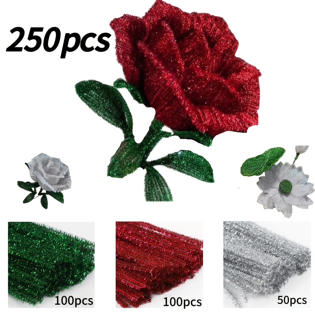 TEMU [250pcs] Sparkling Large Rose Material Pack, Thickened Pipe Cleaner, Includes 250pcs Flower Stems, Suitable For Valentine's Day Gift, Teacher's