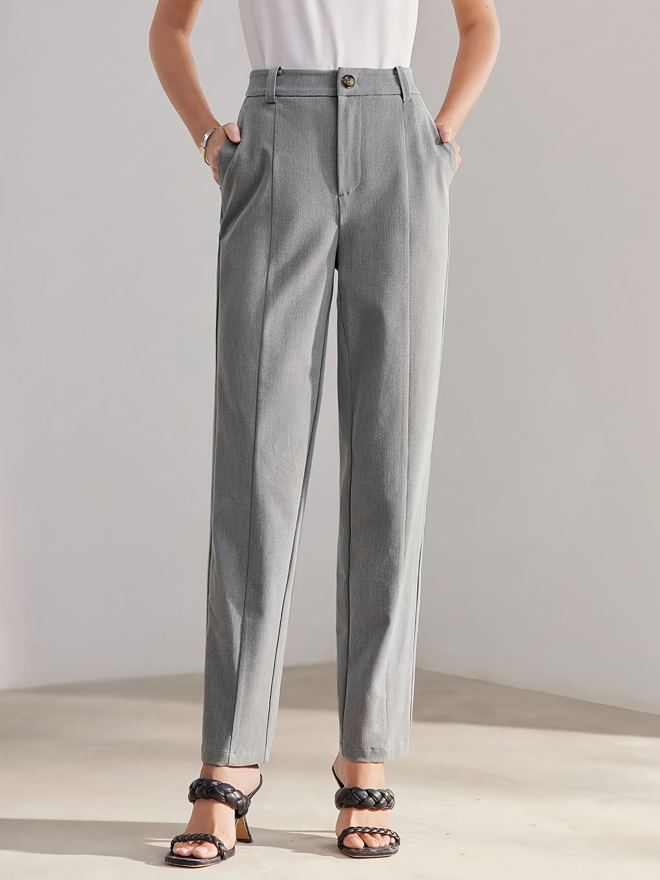 パンツ PLAIN Grey Straight Pants with Pences in Fabric Woman 10795164_Grey_001_c93802c2-