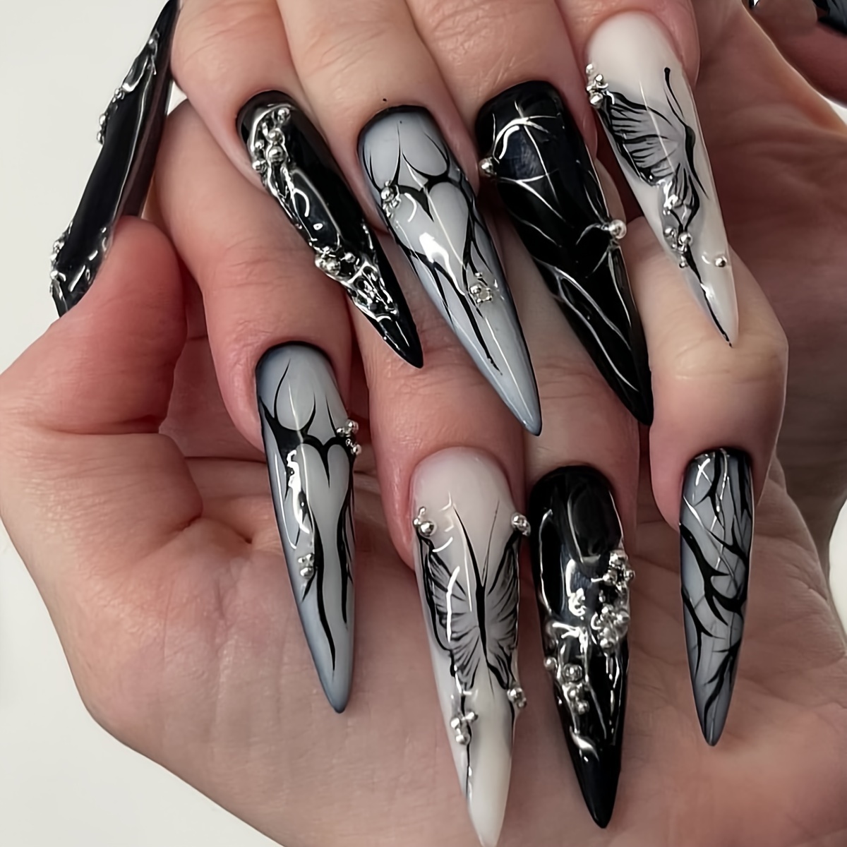 

Dark Sexy Nail Art Set, Mixed Color, Long Drop Shape, Gradient & Pattern, Sparkling , Wearable False Nails For Hands And Feet