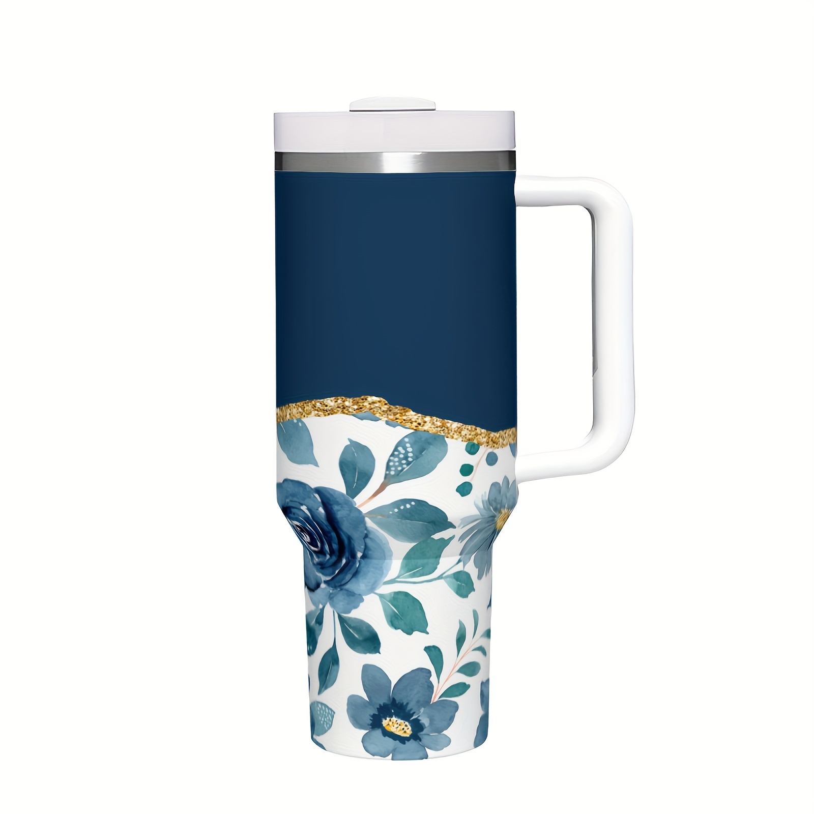 

Stainless Steel Insulated 40oz Travel Tumbler With Handle And Lid - Floral Design, Straw Compatible, Non-slip Base - Ideal For Hot And Cold Beverages