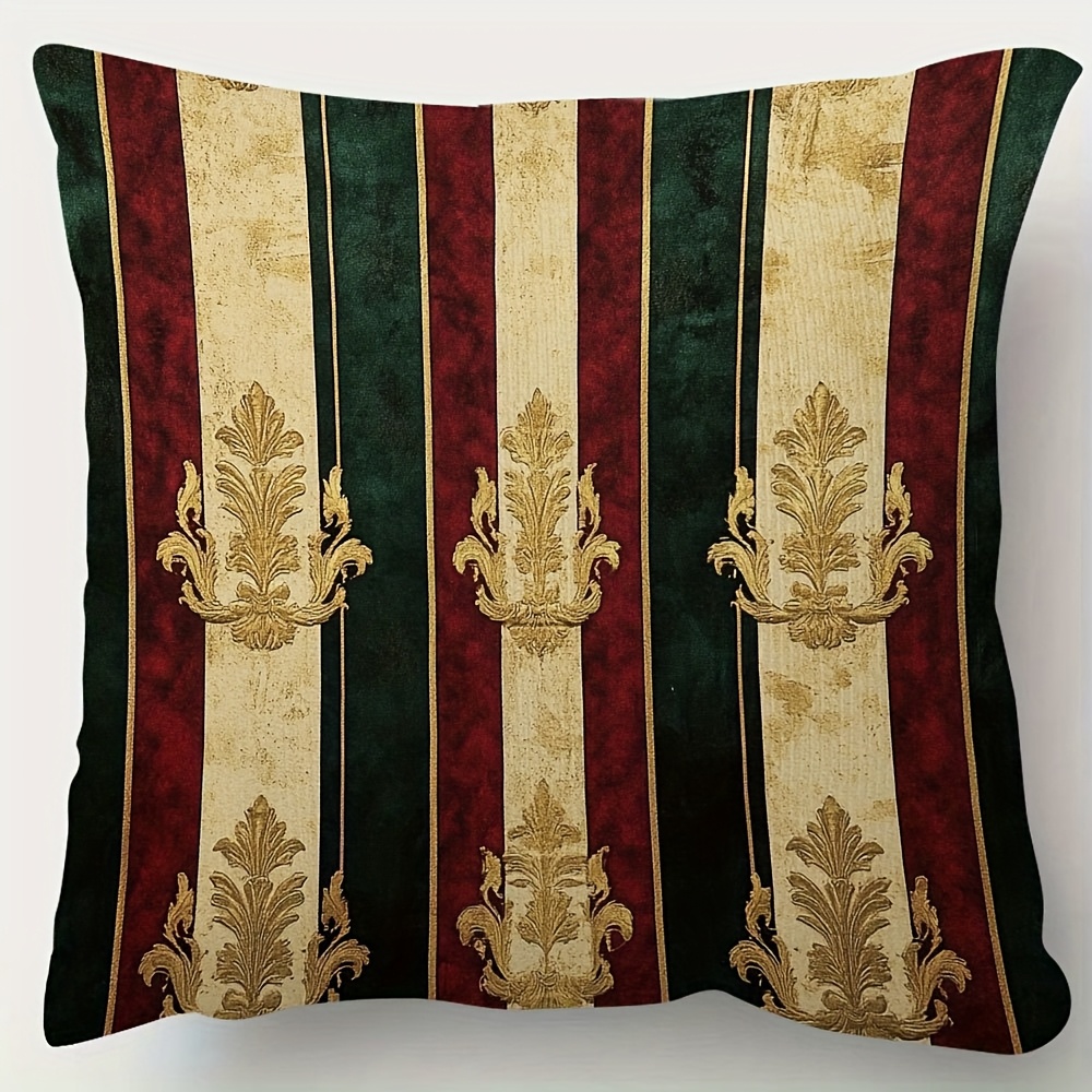TEMU 1pc, Short Pillowcase, Burgundy And Emerald Stripes Pillow Covers, Double-sided Printing, 18inch*18inch, Suitable For Sofa, Living Room, Bedroom