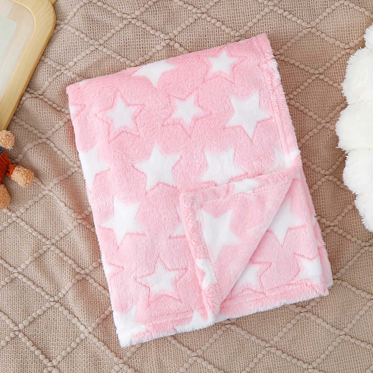 

Baby Girls' Christening Gift, 1-piece Plush Pink Star Pattern Blanket, 100% Polyester Knitted Fabric, Regular Fit – Warm And Cozy For Fall/winter, Suitable For Over 3 Years Old