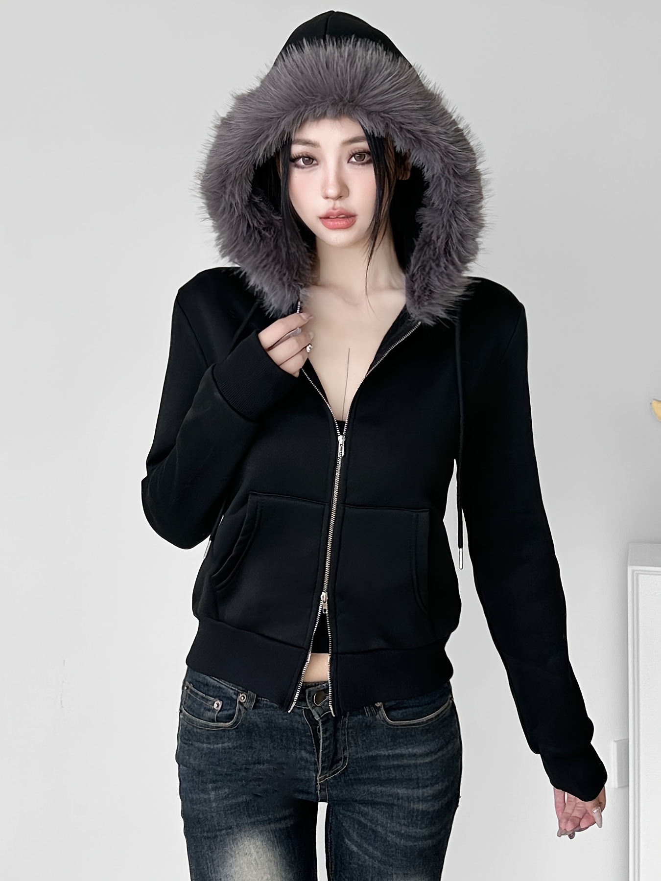 chic letter embroidery   fur   hoodie with zipper and velvet sweatshirt jacket 0