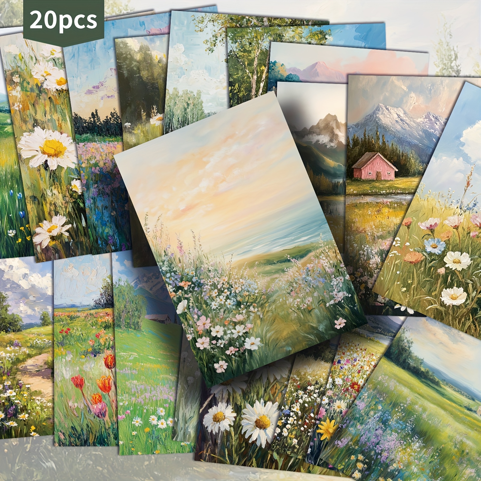TEMU Set van 20 postkaarten met olieverfschilderijen van wilde landschappen en bloemen, afmeting 4x6 inch. Ideaal voor junk journals. Deze klassieke