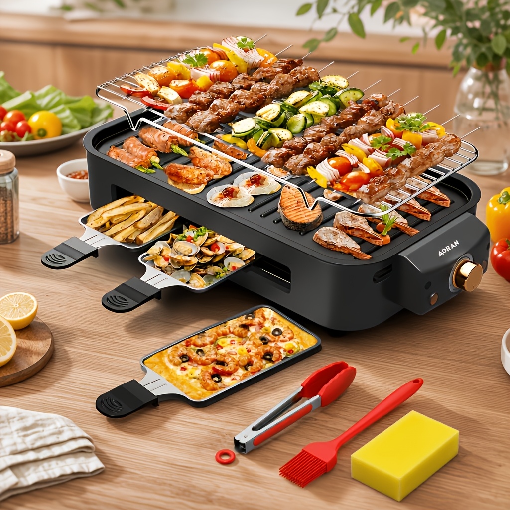 TEMU 2 Colors (black/cream White) Electric Bbq Grill With Free Utensil Set, Indoor & Outdoor Use, Large Capacity Grill For Bbq, Camping, Parties & Rv