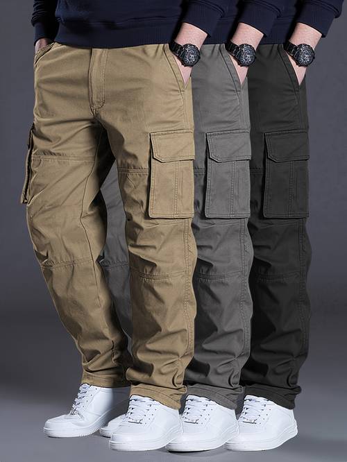 pantalones cargo de hombre para toda estación de color liso con múltiples bolsillos, pantalones de pierna transpirables y cómodos, prendas inferiores casuales y versátiles para hombre con cordón y bolsillos , adecuados para uso , informales y regalos festivos
