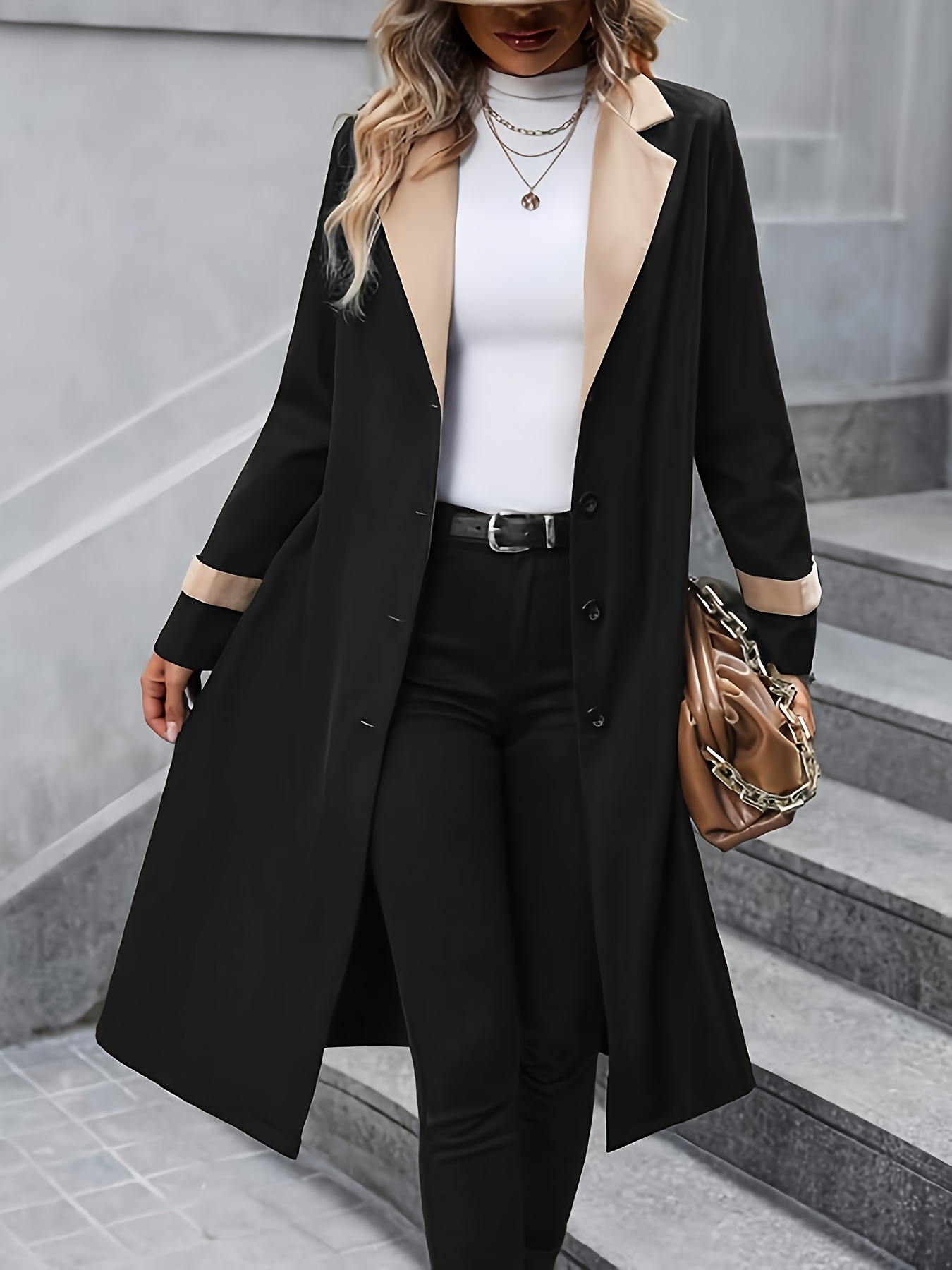 damenschwarzer eleganter length trenchcoat reverskragen Temu Germany