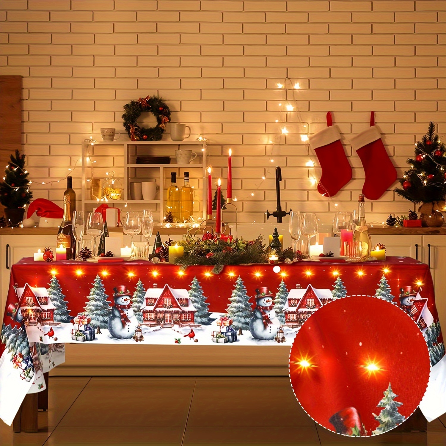 1pc Festive Tablecloth With Snowman, Trees & Snowflakes - Machine-made Polyester Holiday Table Cover For Rectangle Tables, Perfect For Christmas Dinners & New Year Parties Decor, Christmas Decorations