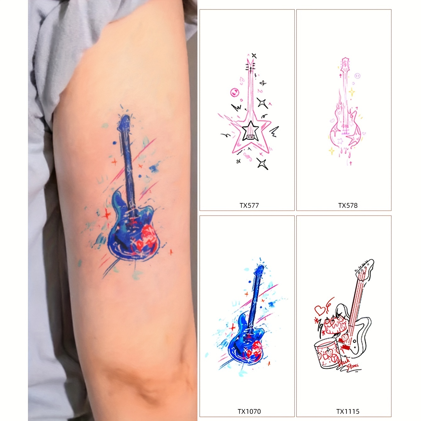 Music Instruments Guitar Piano Saxophone Temporary Body Tattoo Waterproof  For Girls Men Women, image size:1340x1340