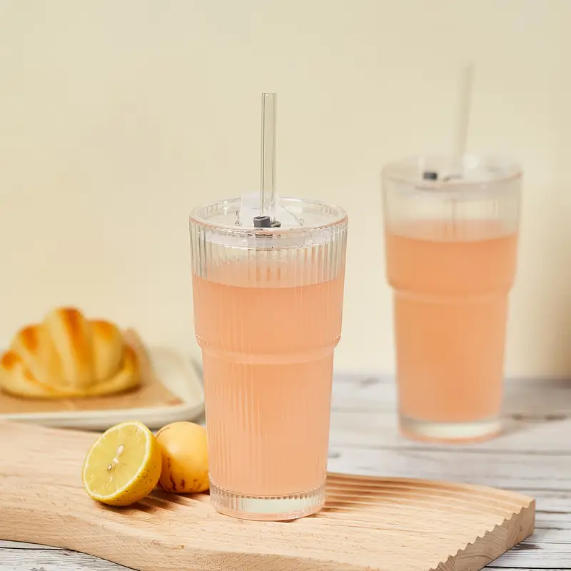 2pcs 600ml 20oz large striped glass with lid reusable suitable for cold drinks juice and coffee ideal for home office and holiday mothers day and easter gifts Product details 1