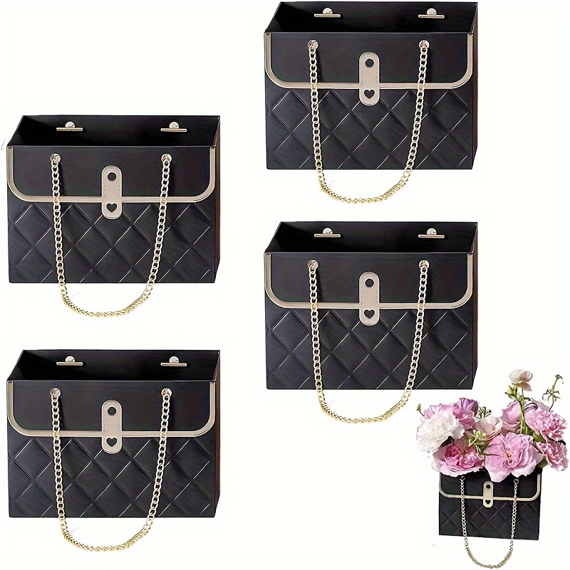 

12 /36pcs Paper Bouquet Gift Bag With Pull Handle Rectangle Metal Chain Tote Bag For Valentine's Day Florist Wedding Party Birthday, Black Valentines Day Gifts Bulk