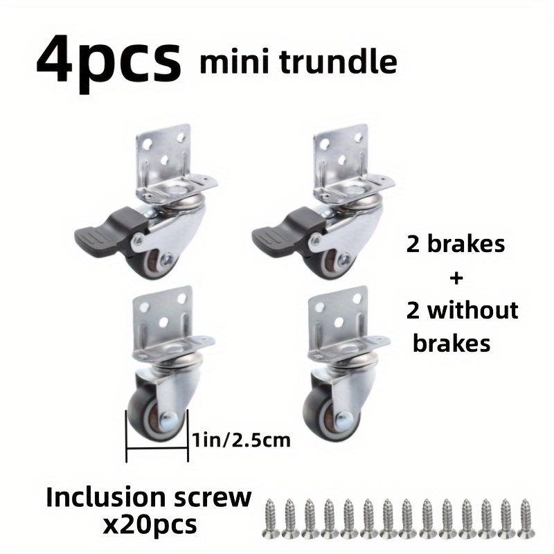 Set Of 4 Mini Swivel Casters, Each 1 Inch (about 2.5 Cm), Featuring L-bracket Side Mount And Low Profile Design With Tpr Silent Rubber Wheels For Smooth Rolling On Furniture