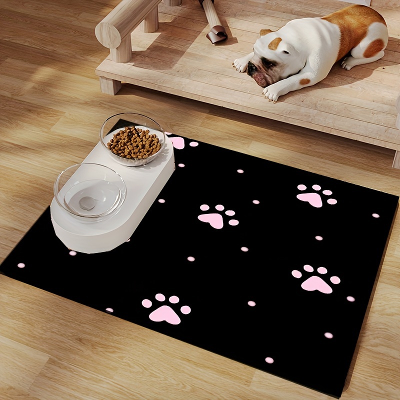 

Non-slip Pet Feeding Mat With Cute Paw Print Design - Waterproof, Easy Clean Dog & Cat Bowl Placemat In Black And Light Pink