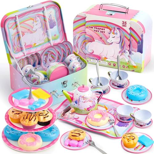 35pcs unicorn tea party set for little girls pretend tin teapot set time play kitchen toy with dessert doughnut carrying case for birthday easter christmas gifts kids age 3