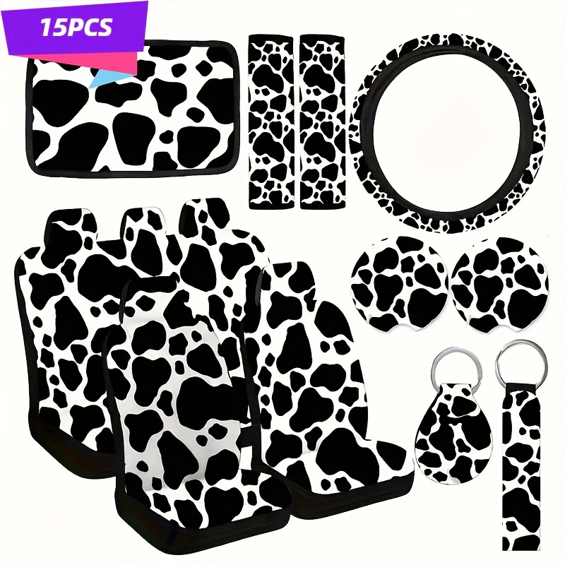 

15pcs Car Accessory Set - Cow Includes Seat Covers, Steering Wheel Grip, Armrest & Shoulder Pads Plus Keychain