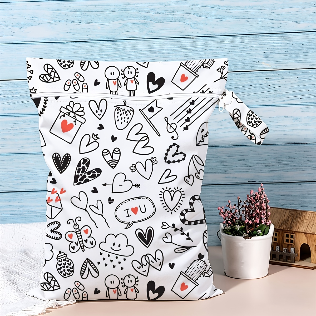 TEMU Sac étanche avec motif cœur doodle, pochette de rangement zippée pour maillots de bain, équipement de natation et couches