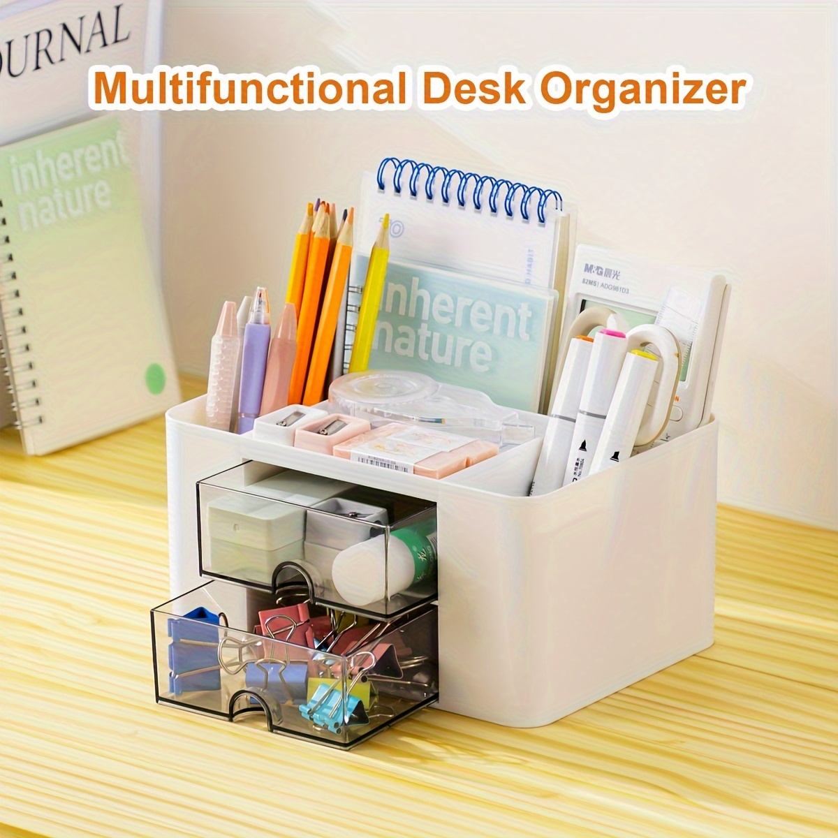 

Multifunctional Desk Organizer: Keep Your Office Desk Or Countertop Tidy With 5 Compartments And 2 Drawers - Pens, Pencils, Scissors, Erasers, And More