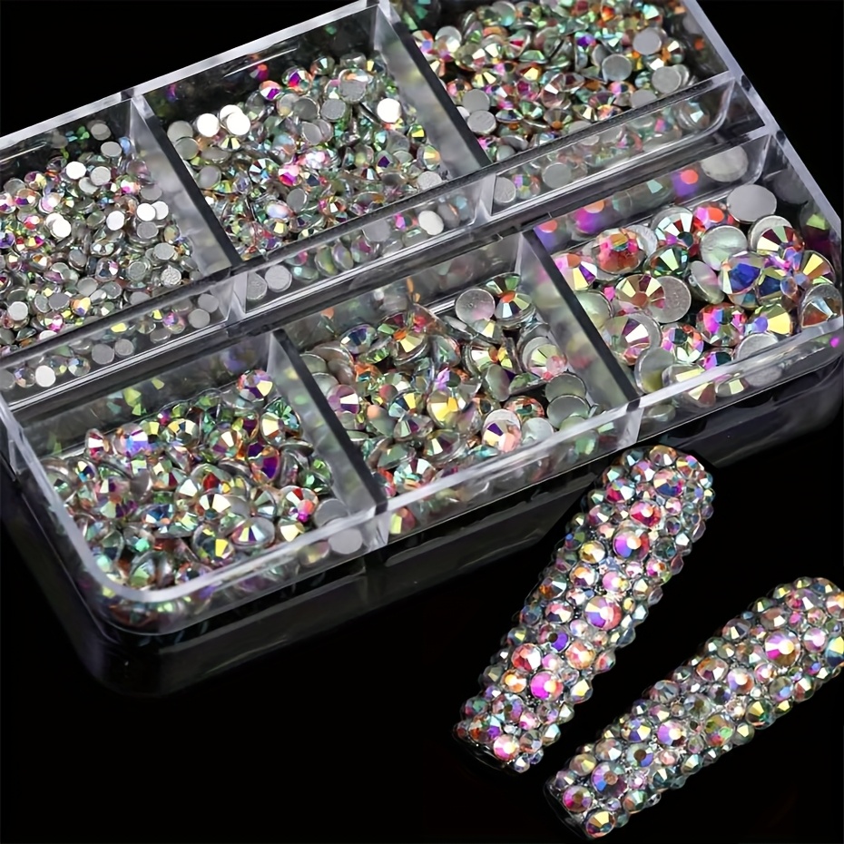Image of 6 Grids Kit Nail Decoration Mix Size Ab Color Nail Rhinestone Flatback Rhinestone Strass Bling Stickers Skin Non Hotfix Crystals Nails