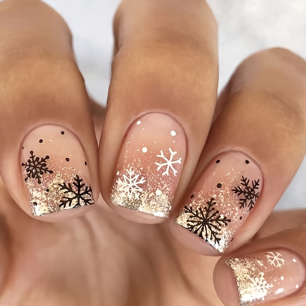 

New Christmas Short Square Nail Tips With Glitter Snowflake And Christmas Elements, Festive Nail Art