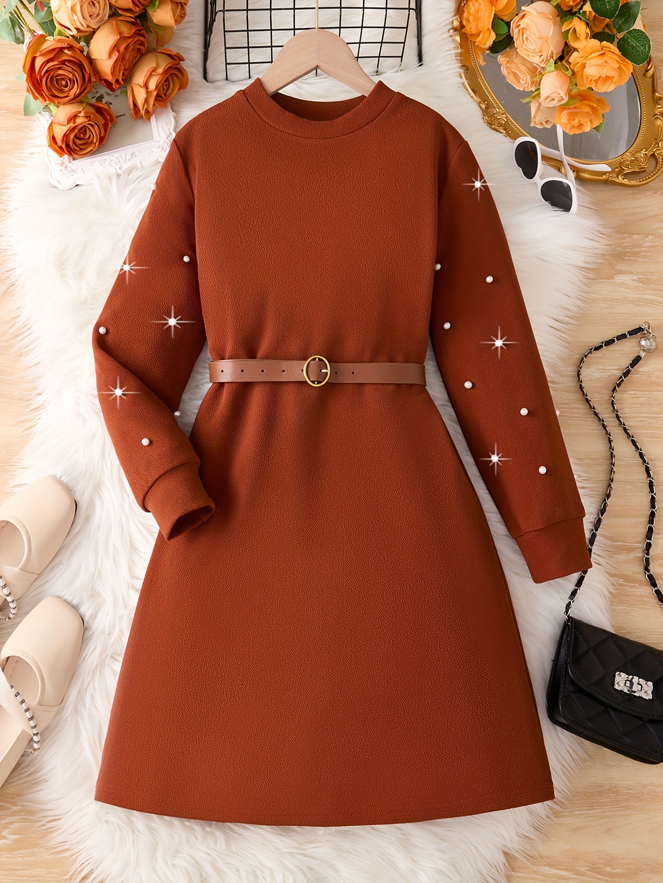 girls elegant long sleeve knitted pearl sweater dress spring - Temu