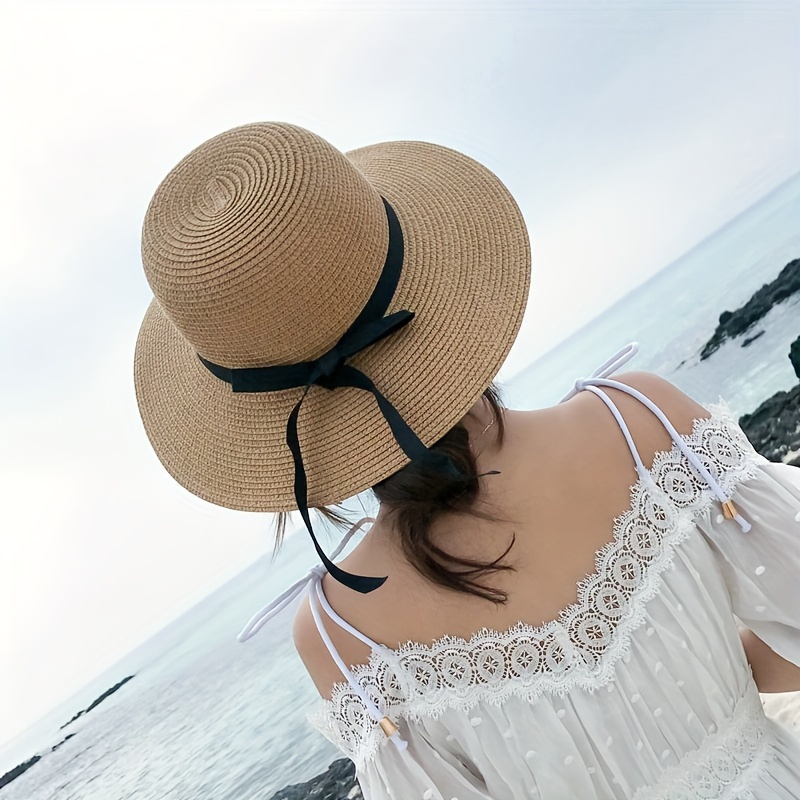 Sombrero Paja Plegable Lazo Cinta Negra Elegante Ala Ancha - Temu