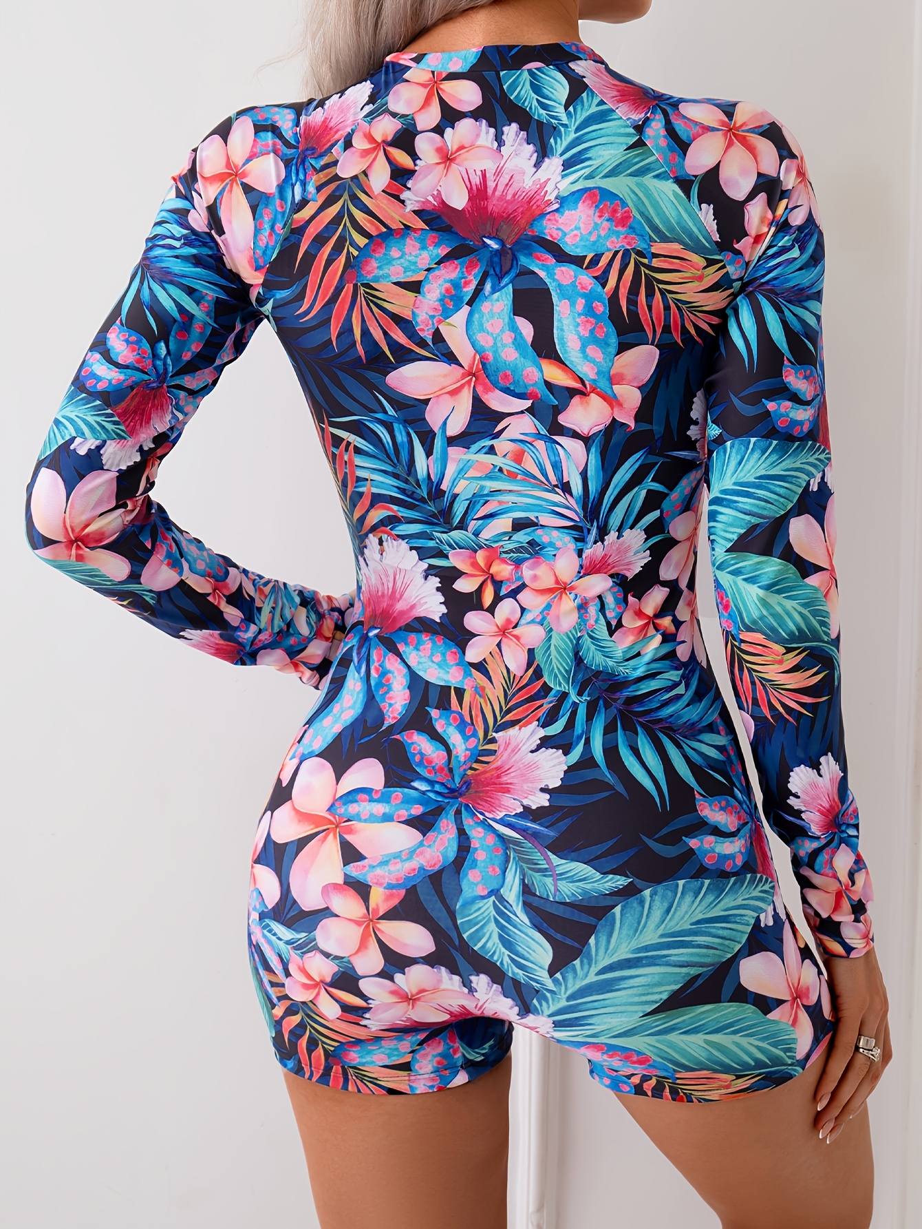 1pc   womens tropical   piece swimsuit polyester knit fabric with medium stretch modest crew neck with removable pads and zipper detail