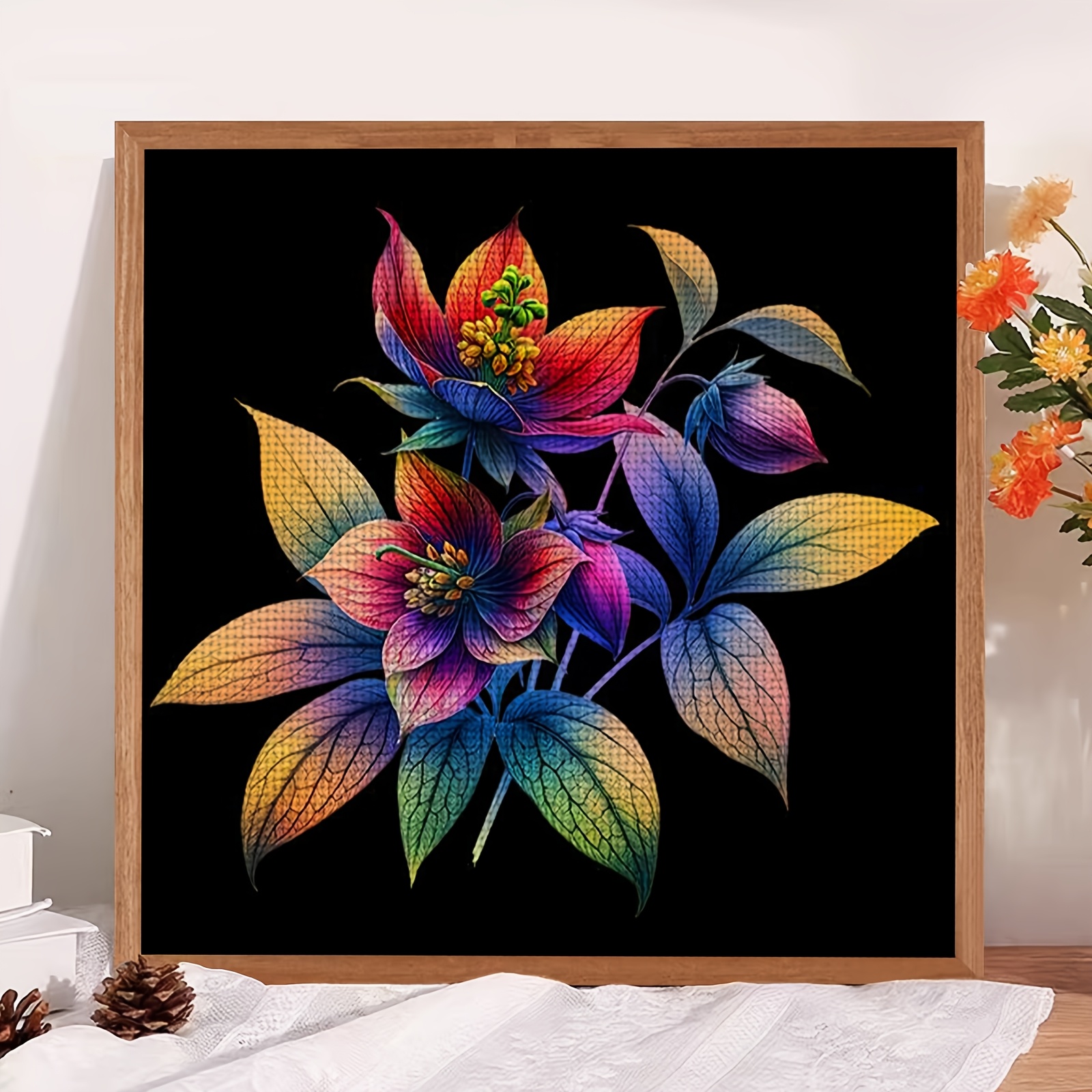 Cross Stitch Printed Kit, Frameless, Black Background with Colorful Flower Cluster