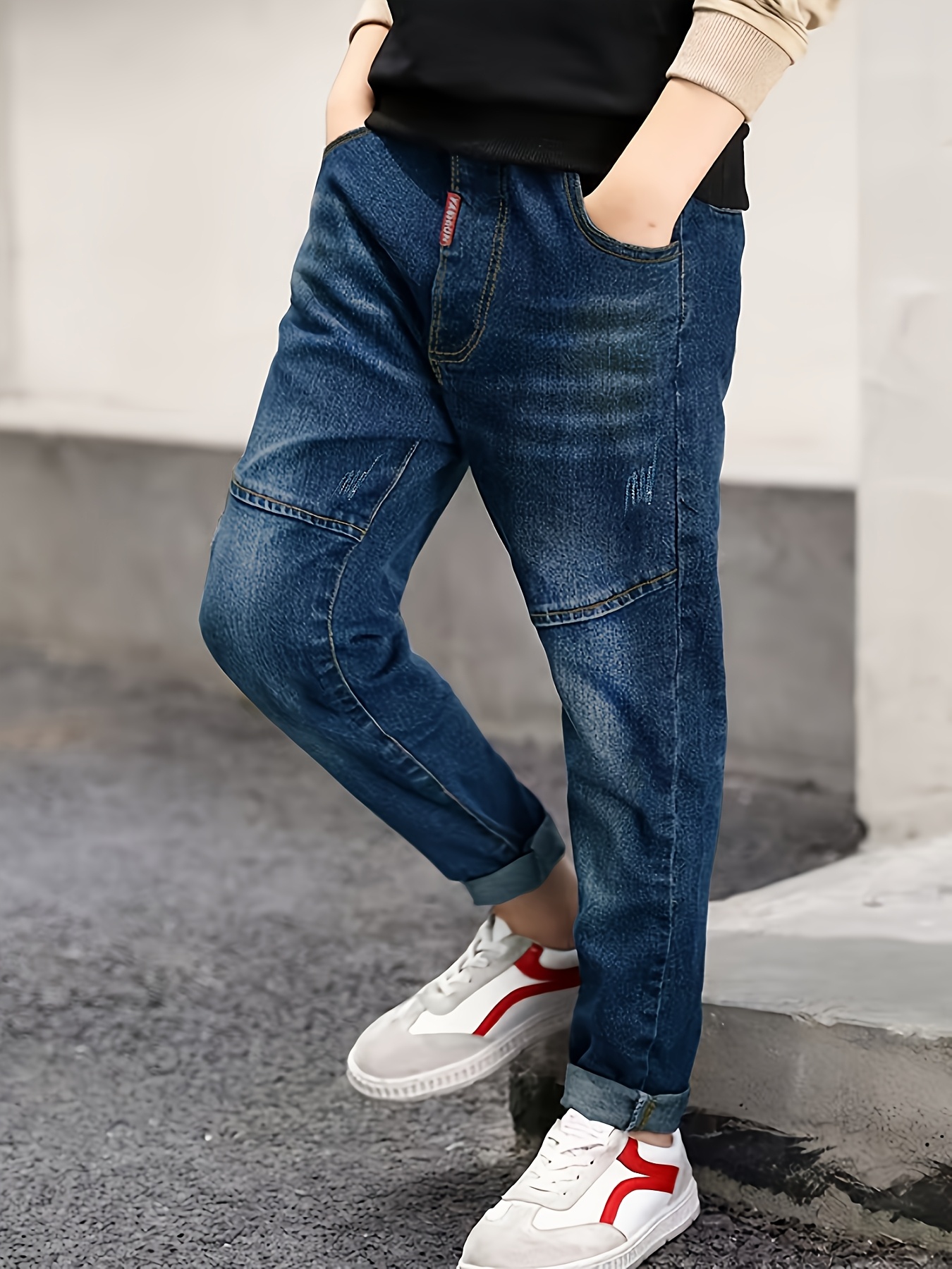 Boys' Washed Denim Pants with Contrast Stitching Light Distressed Look,  Regular Fit Casual Trousers for Everyday Formal Outfits, Versatile