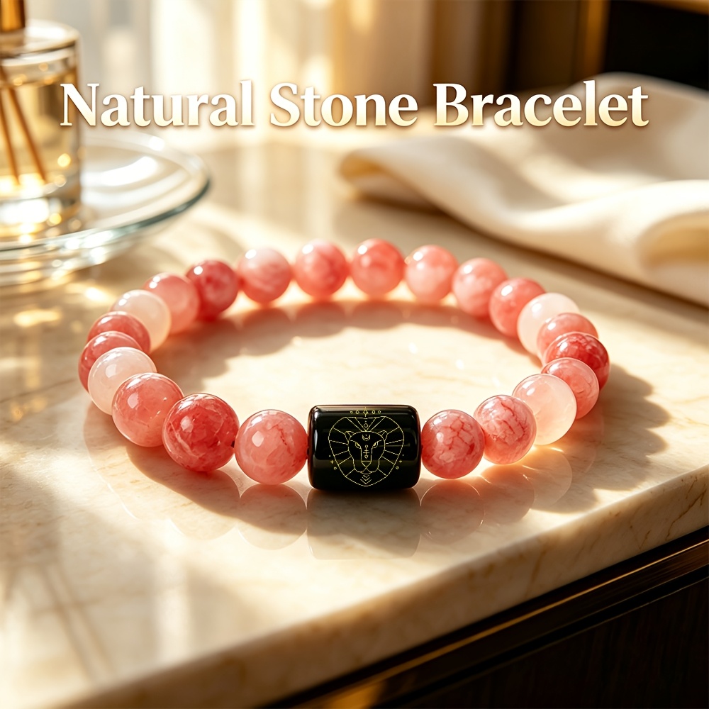 Natural Agate Stone Beaded Bracelet with Lion Head Design