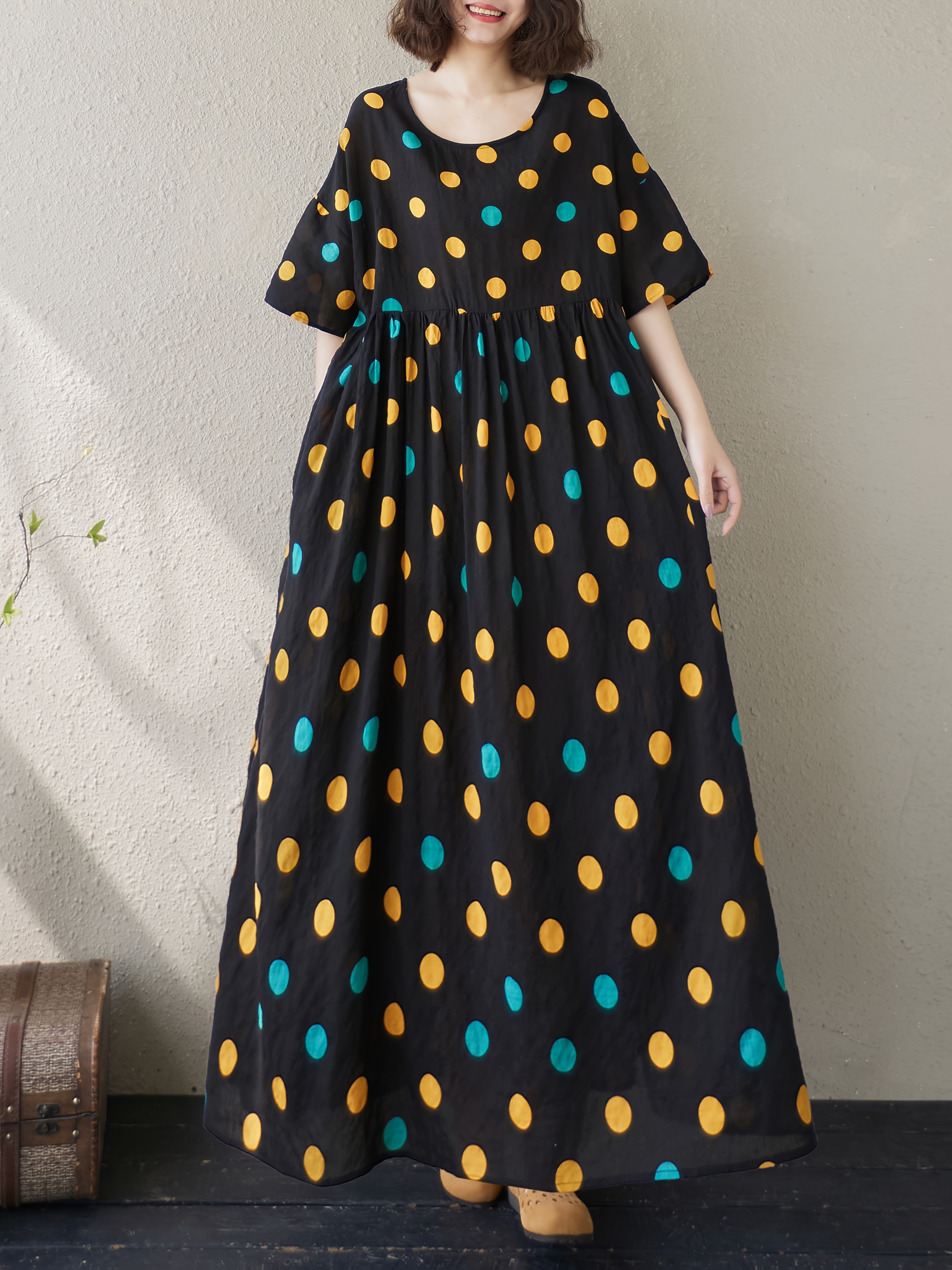 plus size womens plus size black polka dot maxi dress yellow - Temu Kuwait