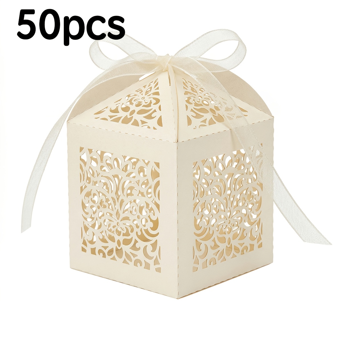 TEMU Gift For Her/him 50pcs Laser Cut Baroque Style Wedding Favor Boxes, Elegant Floral Lace Candy Boxes With Ribbon, Suitable For Wedding, Bridal