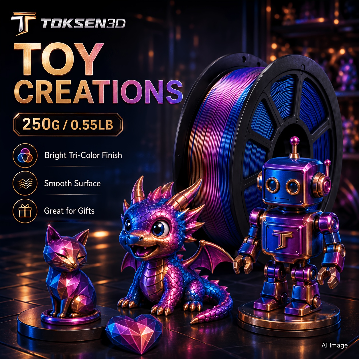 TEMU Toksen3d Red Yellow Blue Pla 3d Printer Filament, Shiny Silkverse 3 Colors In 1 Filament 1.75mm Pack From 4 , 250g A Box Of Metallic Color