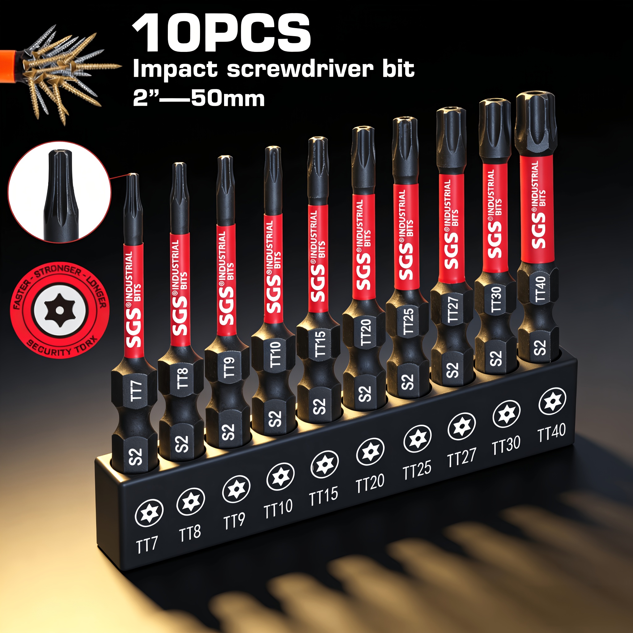 Image of A Set Of 10 Impact-resistant Anti-theft Drill Bits, Featuring 50mm S2 Steel Tt7-tt40 In Red And Black Colors, Includes A Storage Rack, Designed To Be Break-resistant And Magnetic For Heavy-duty Drills