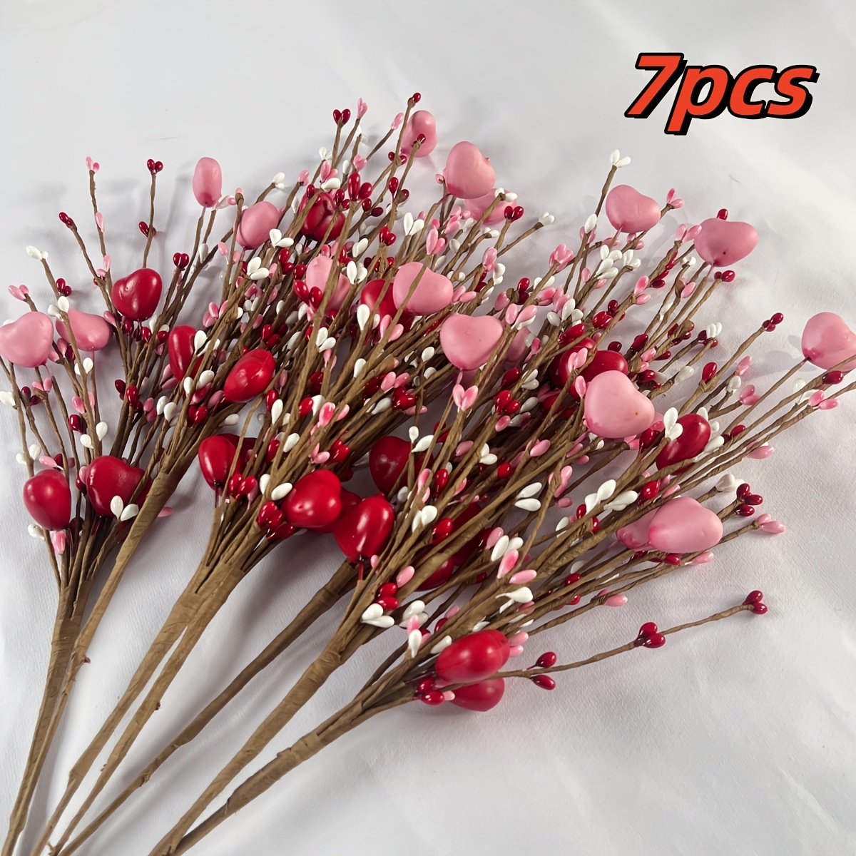 

7pcs Valentine's Day Artificial Flower Set - " Heart Berries, Handcrafted Stems For Diy Decor, Vase Arrangements, Wedding Favors &