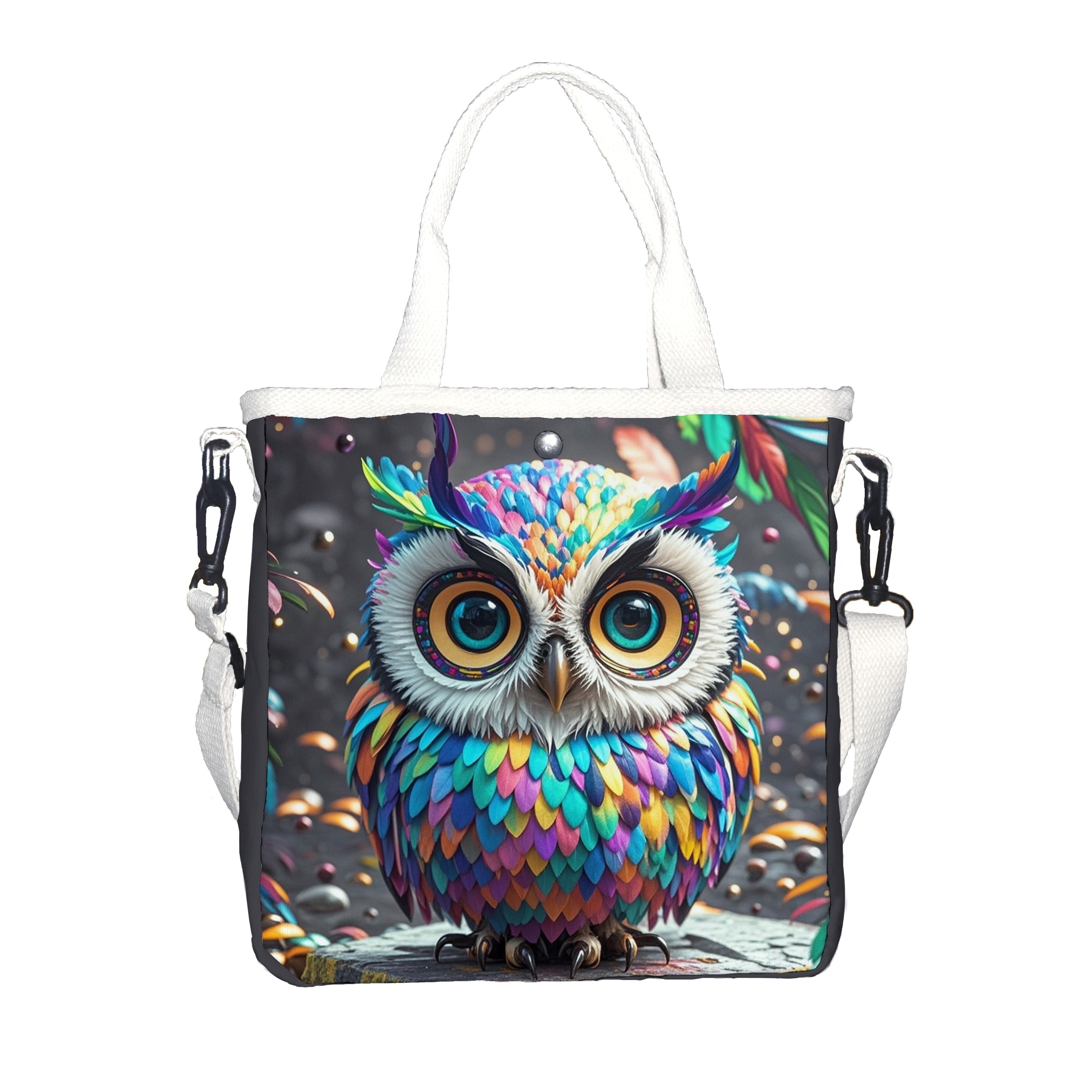 

Canvas Owl Print Tote Bag, Fashionable Shoulder Bag, With Metal Clasp, Removable Strap, Foldable Design, Unlined, Adjustable Strap, For , Ideal Gift , Suitable For 15+