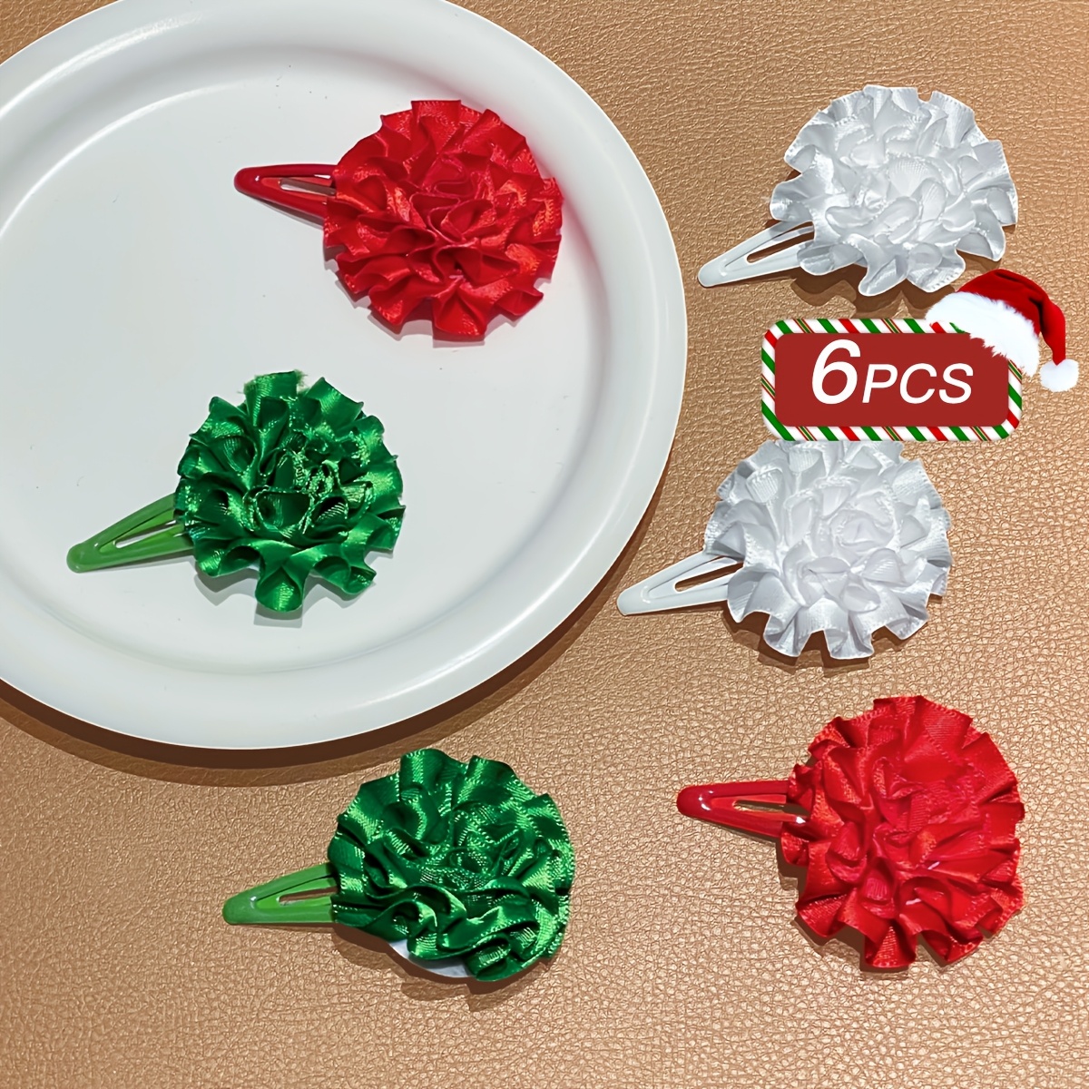 TEMU 6pcs Women's Christmas Flower Hair Clips, Red Green White Fabric Flower Bb Hairpins, Suitable For Women's Christmas Holiday Party Outfit