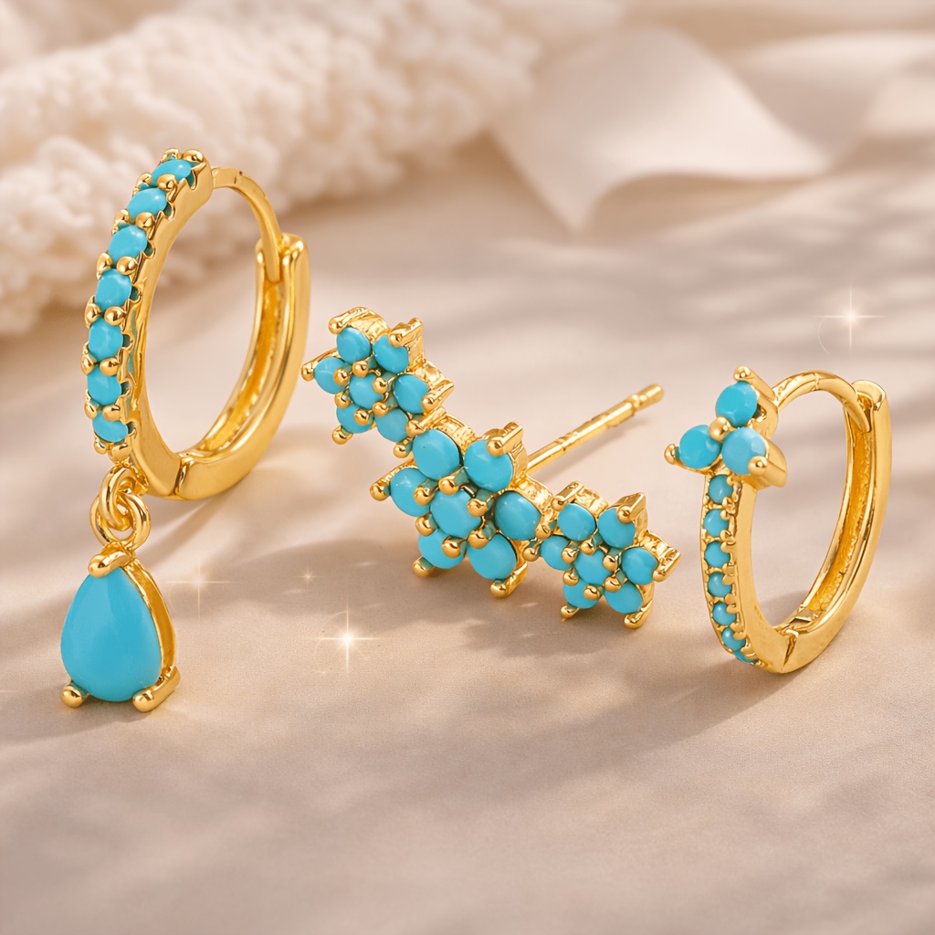 TEMU 1set Boho Synthetic Turquoise Earring Set - 3pcs Fashion- Hoop & Stud Earrings, Stylish For Adults, Suitable For Music Festivals, Club Nights &