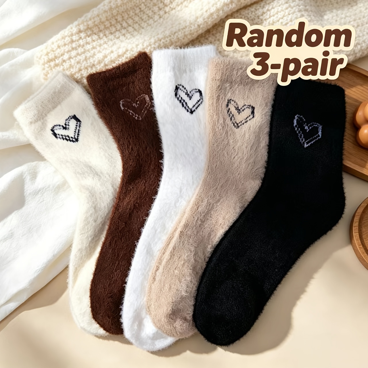 TEMU 3 Pairs Random Plush Love Women's Socks Autumn And Winter Socks 's Warm Plush Love Heart Thermal Socks Winter Thickened Plush Socks Are Very