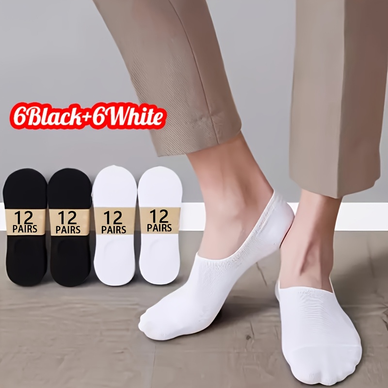 TEMU 12 Pairs Men's Black And White Invisible Socks Soft Comfortable Sweat-absorbent Anti-slip Heel Perfect Gift For , Sweat-resistant