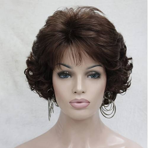 women wig grey white ombre synthetic hair short layered curly hair puffy bangs heat resistant fiber
