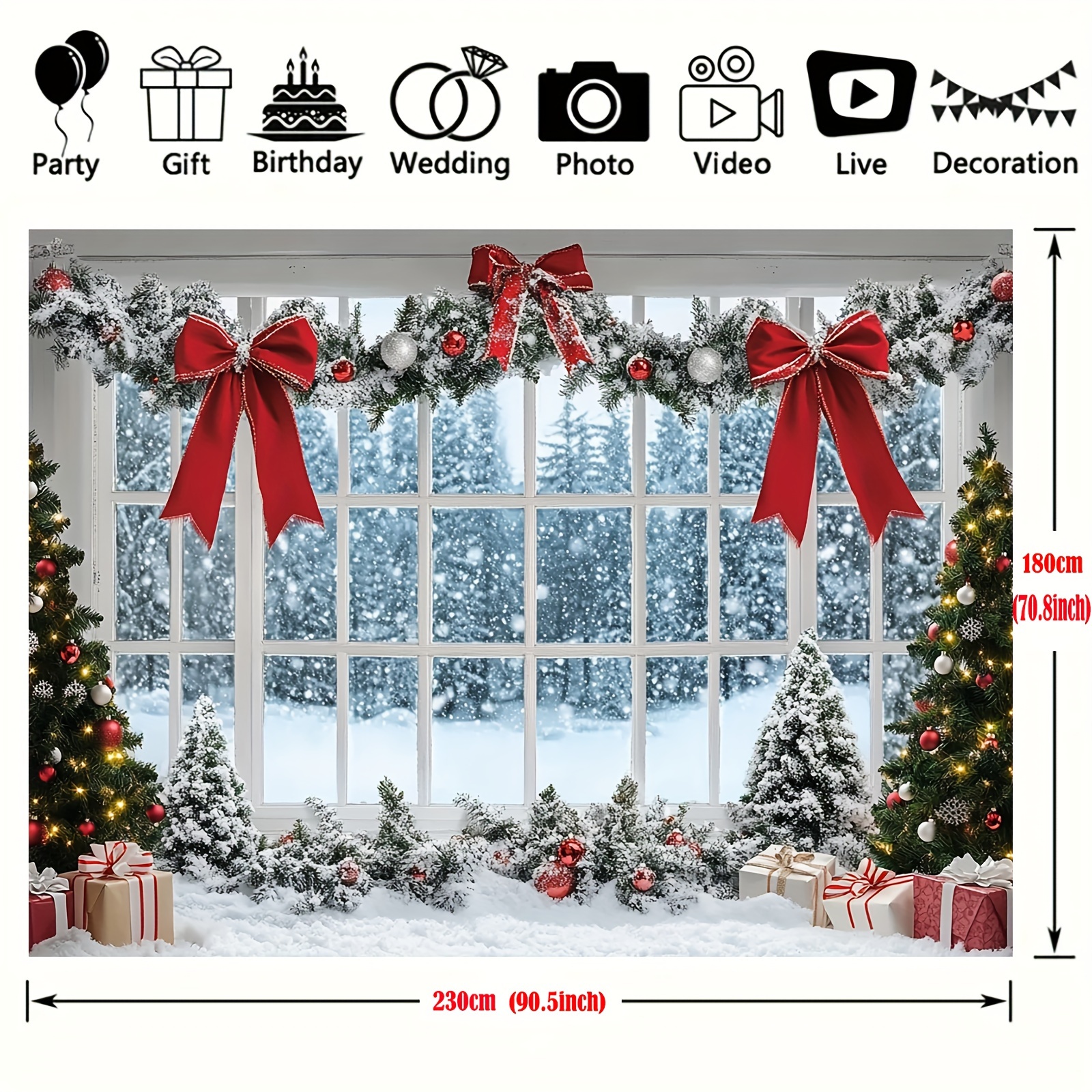 TEMU 1pc Polyester Christmas Backdrop With Snowy Window And Tree Scene – No Fade Photobooth Prop For Bachelor Party And Holiday Celebrations