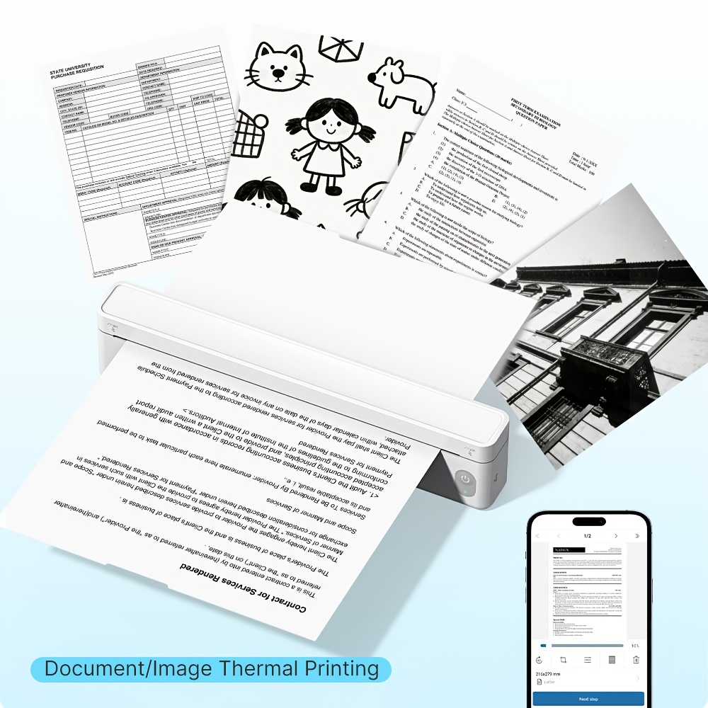 TEMU Imprimante thermique portable A10a, imprimante mobile fil, , , les , compatible avec smartphone et ordinateur portable. Inclut 10 feuilles de