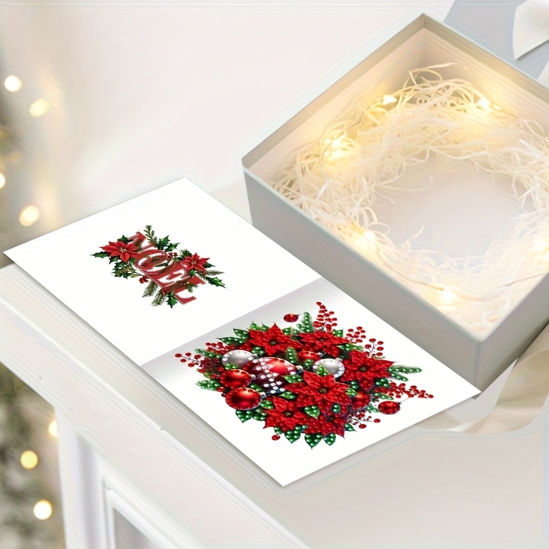 TEMU A Set Of 4 Christmas Poinsettia Cards Featuring Diamond Painting, Holiday-themed Greeting Cards With Envelopes, Perfect Creative Gifts For