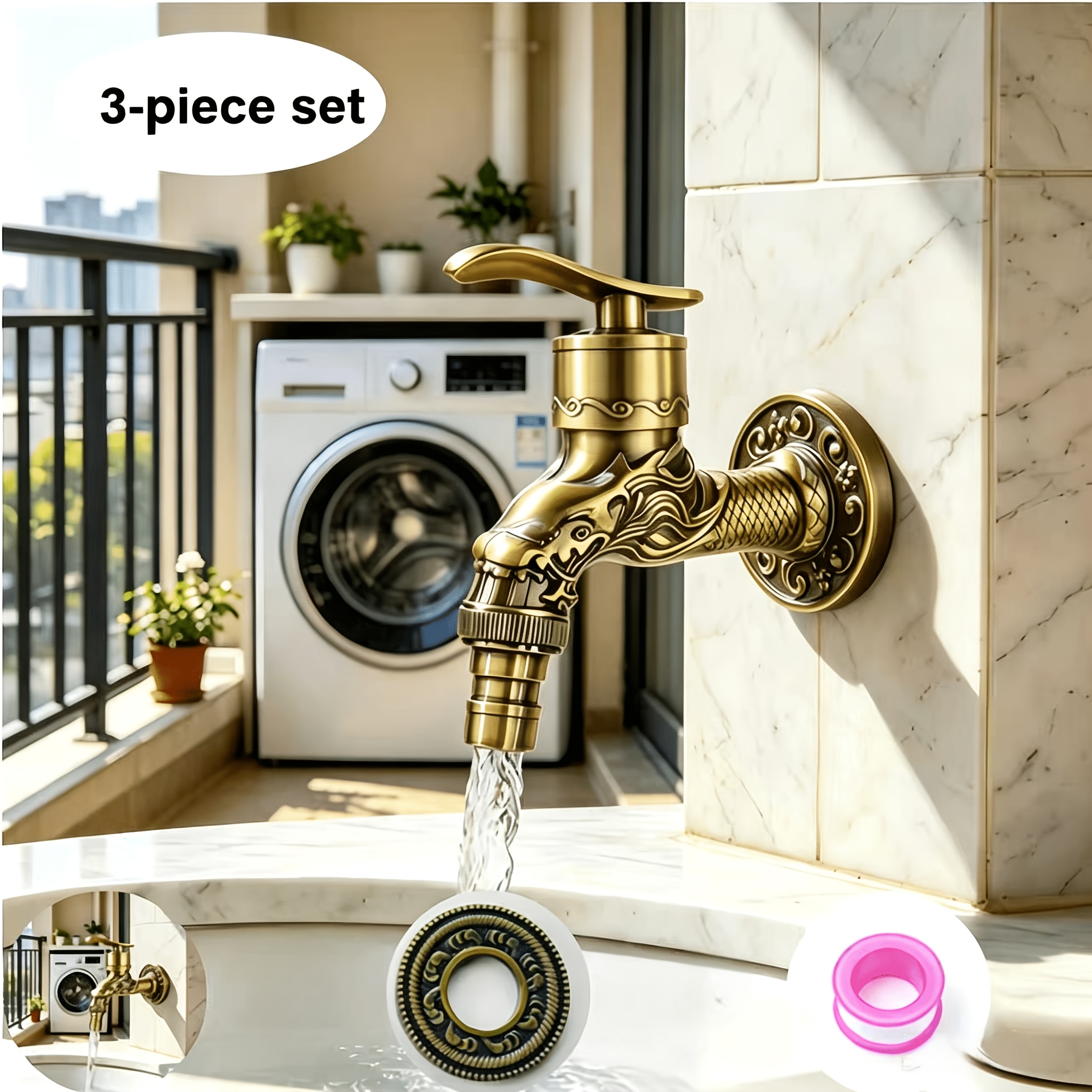 3pcs Set Retro Carved Dragon Pattern Brass Faucet Set Wall-mounted G1/2 Single Cold Faucet Household Mop Pool Washing Machine Faucet With Material Tape Decorative Cover