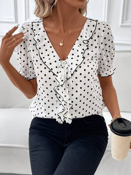 v-ausschnitt top, lässige rüschen bluse mit kurzen puffärmeln, für frühling sommer, damenbekleidung
