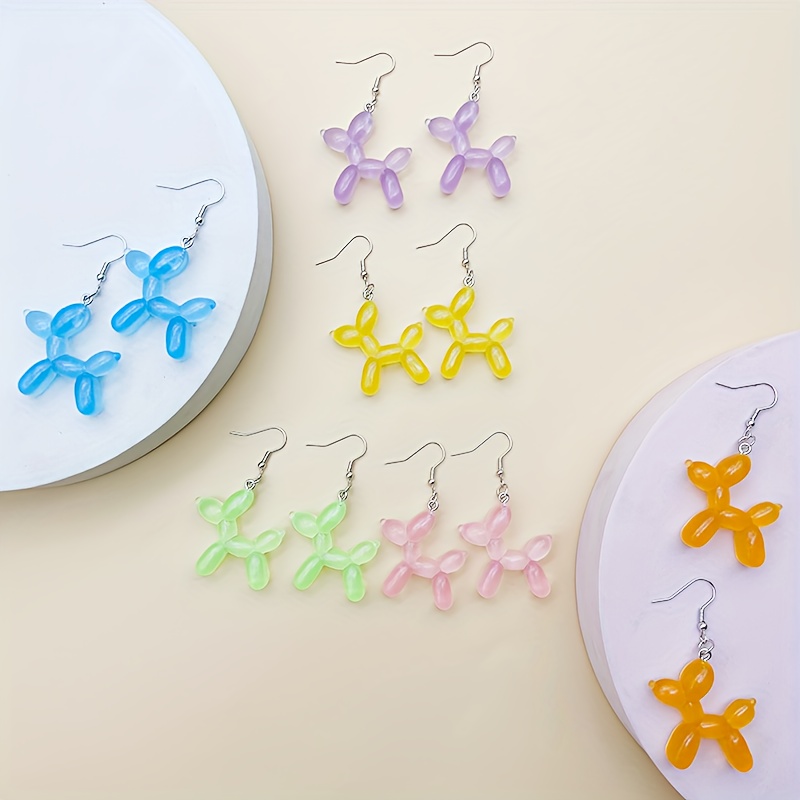 

6-pair Set, Resin Balloon Dog Design Cartoon Jelly Style, Adorable Dangle Earrings, Multi-color Cute Gift